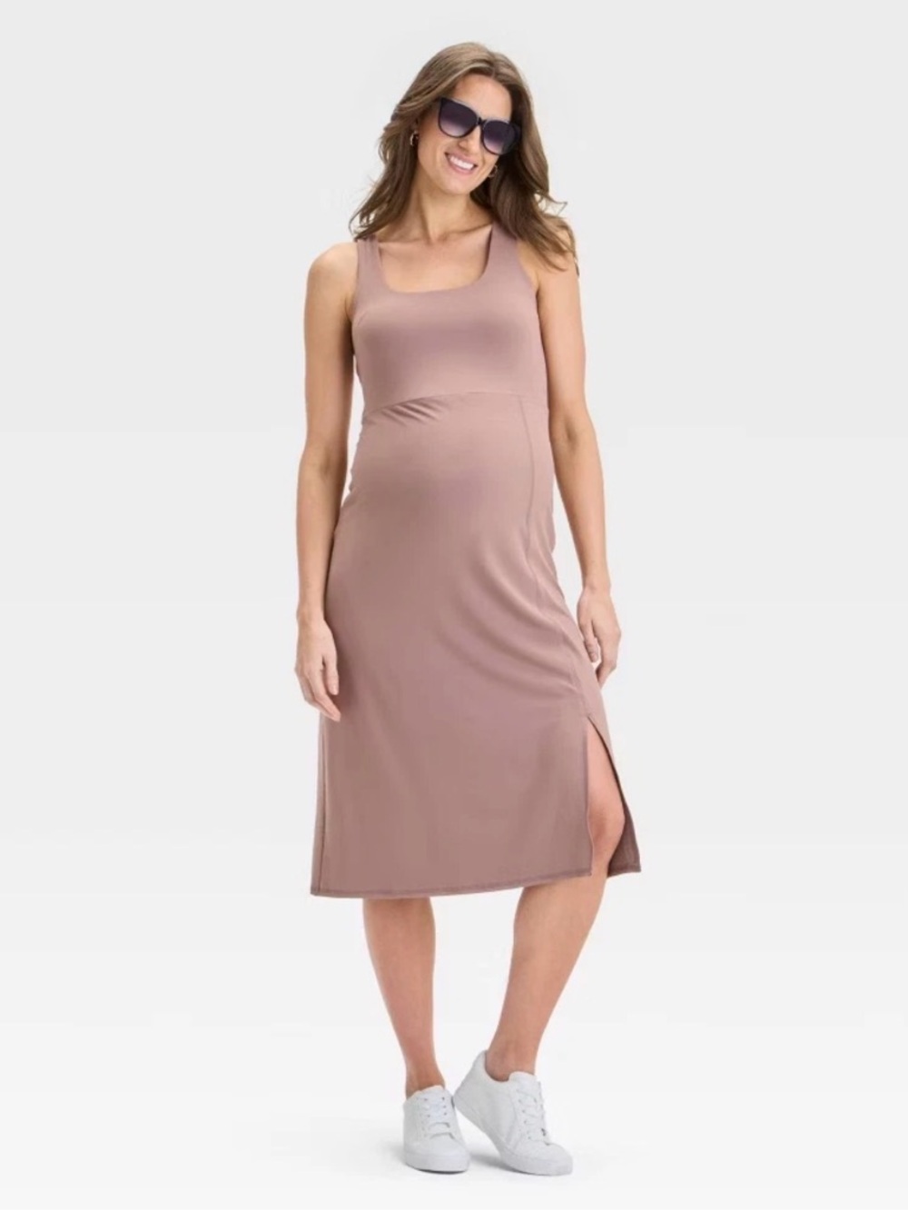 Sleeveless Maternity Square Neck Midi Dress in Dusty Rose
